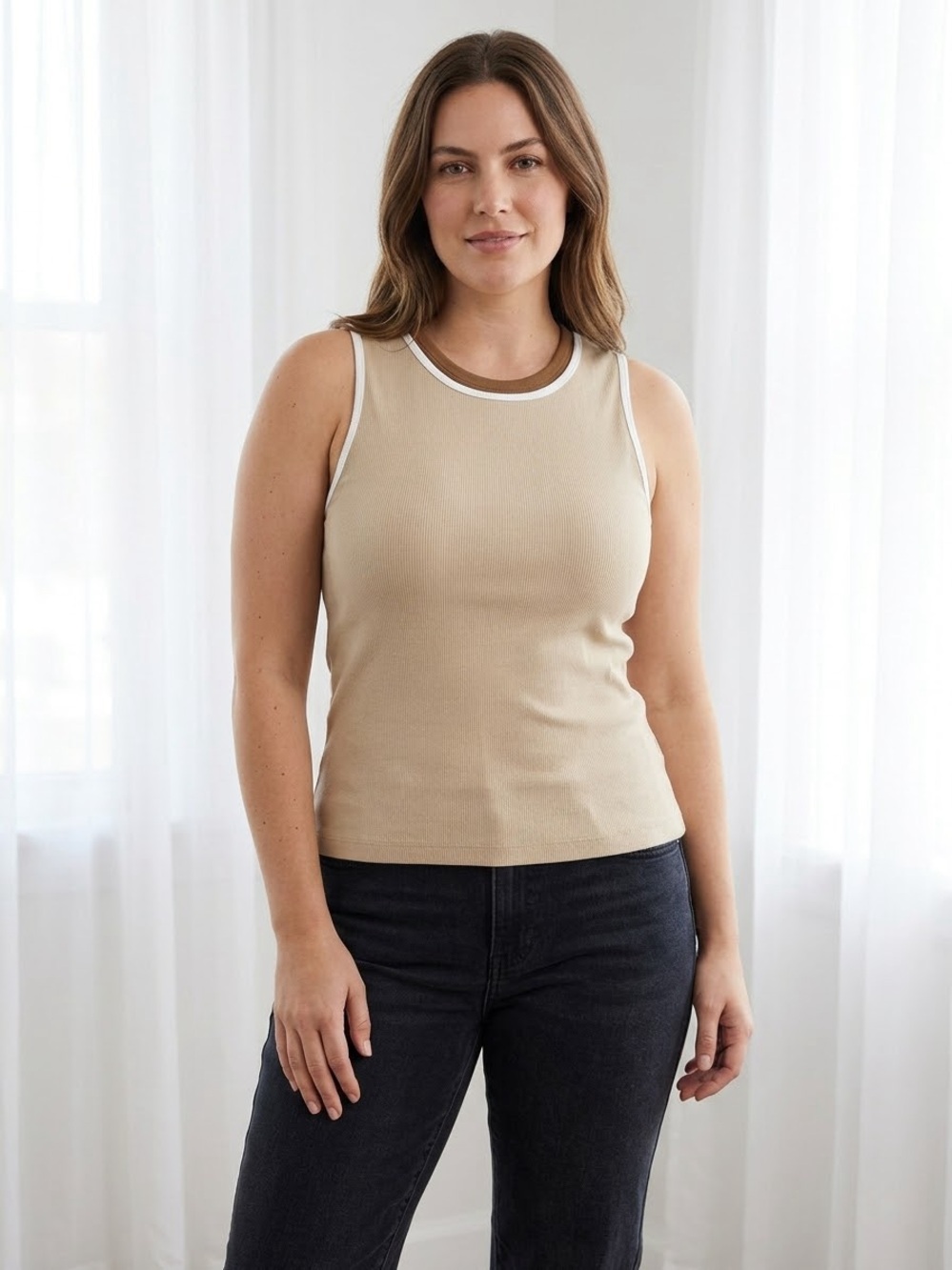Reitmans Taupe Ribbed Tank with Contrast Trim